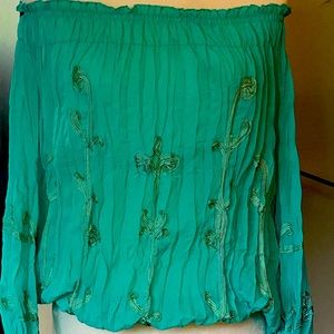 NWT INC Turquoise Embroidered Peasant Blouse Size 14